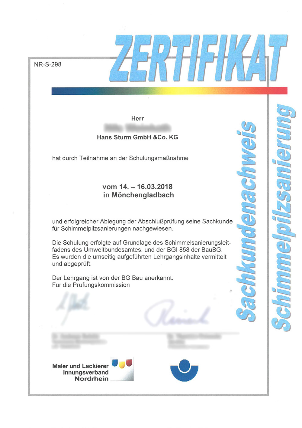 Zertifikat zur Schimmelpilzsanierung Hans Sturm GmbH